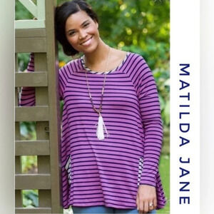 Matilda Jane No Limitations‎ Striped Swing Tunic Top Purple Blue Size Large